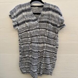 Handmade Knit Sweater Vest Medium Gray Striped V-Neck Cap Sleeve Boho Chunky